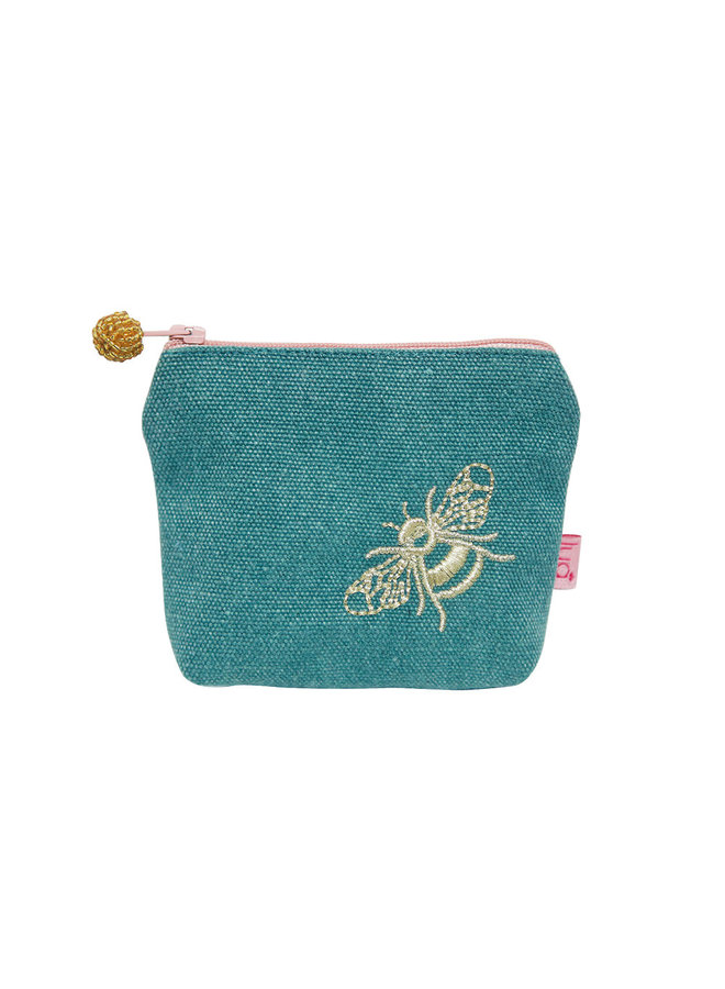 Teal Blue Bee  -   Gold Embroidered mini zip purse 507