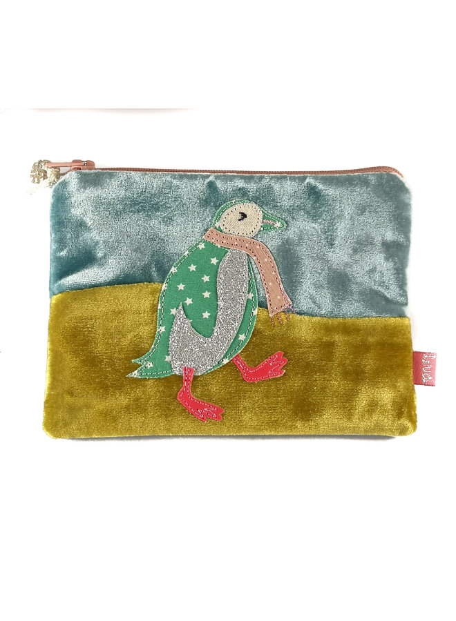 Dancing Penguin Green / Gold velvet purse 002