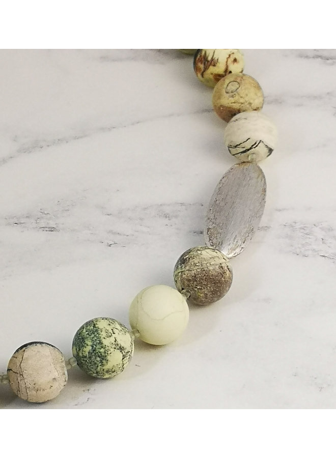 Yellow Turquoise matt spheres and silver pod necklace123