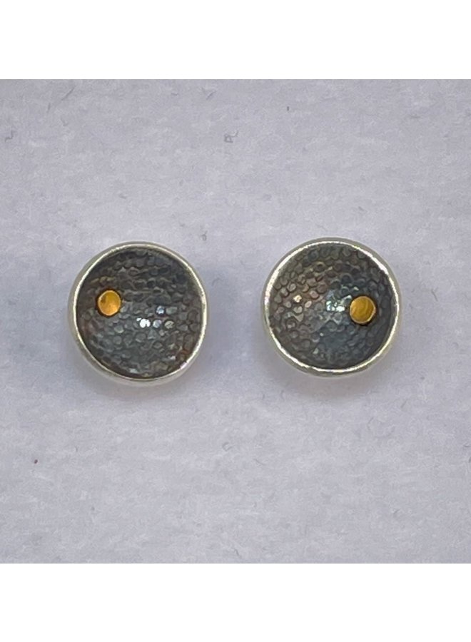 Round concave  oxidised silver & 18 ct gold stud earrings 25