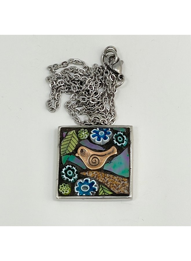 Copper Bird  and Flower Mosaic  Square Pendant   40