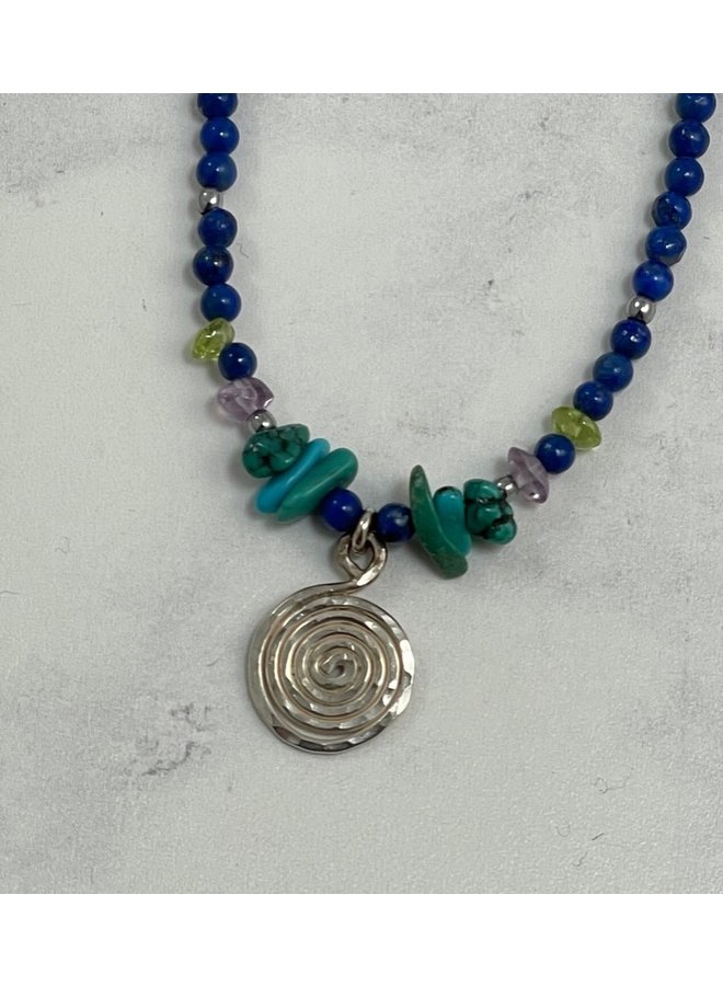 Silver spiral and lapis semi-precious  necklace 58