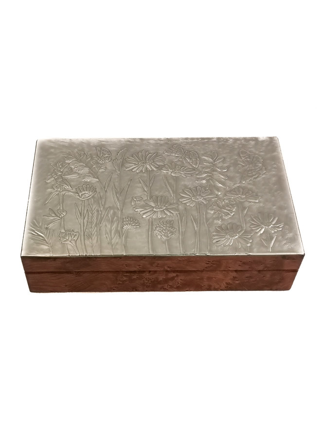 Butterflies & Flowers Pewter and wood hinged box 11 sections 024