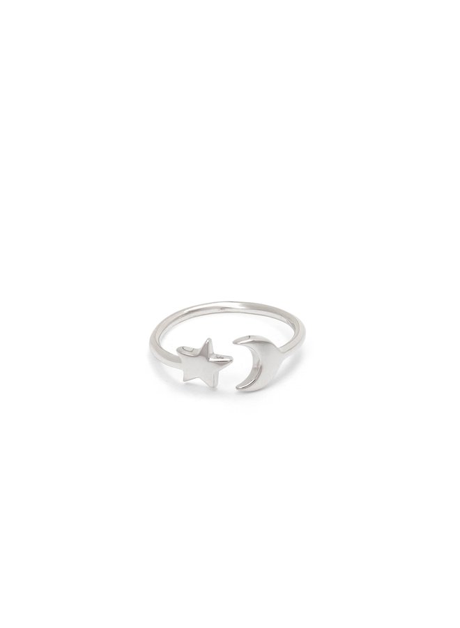 Moon and Star  adjustable silver ring 129