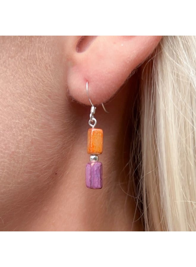 Sunburst Orange / Purple  Ceramic Earrings 794A