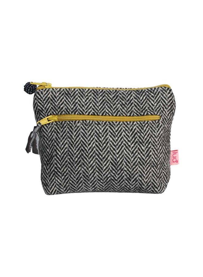 Double Zip Herringbone Purse - Grey -Mustard 662