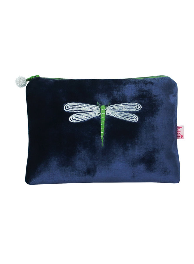 Dragonfly Embroidered Velvet Purse - Dark Blue 686