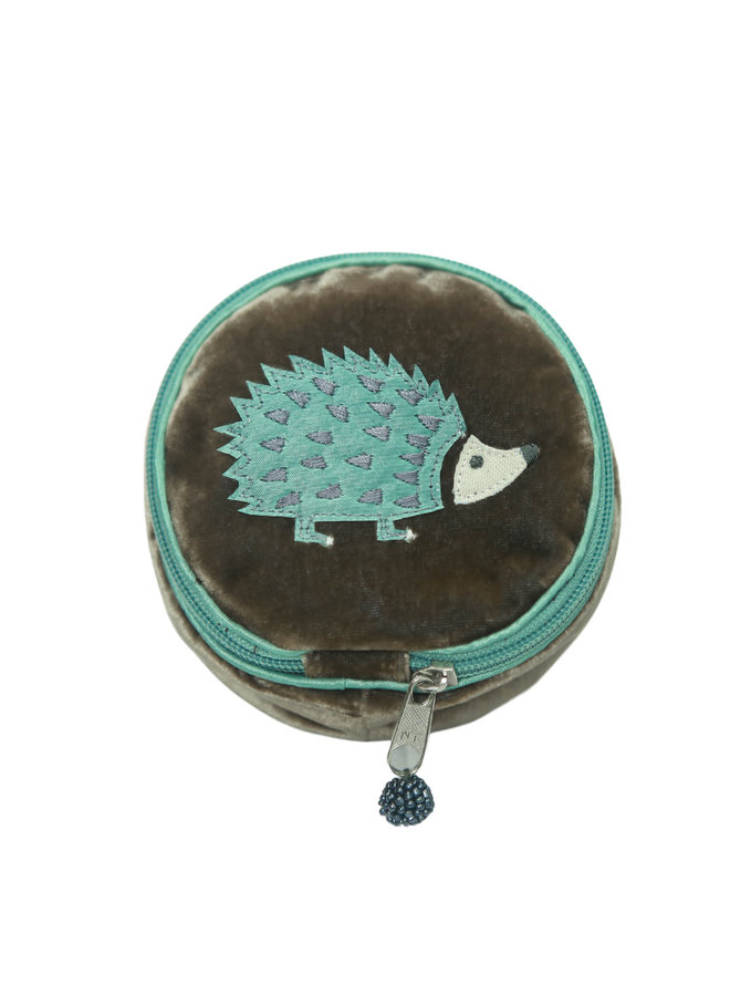 Hedgehog round jewellery purse olive velvet 711