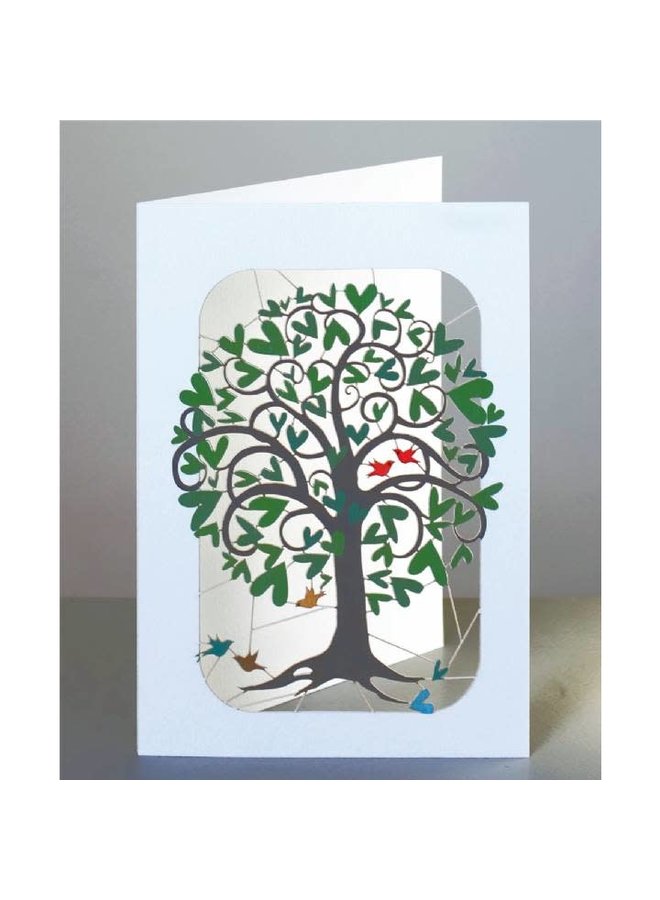 Curling Green Heart Tree with Birds Laser Card