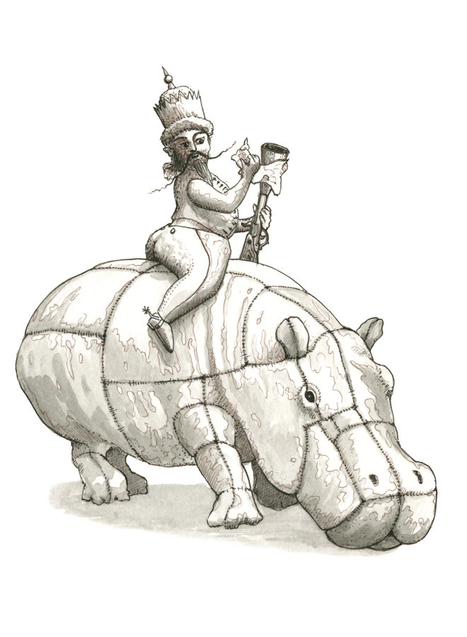 'Il était assis à califourchon sur un hippopotame en peluche nettoyant un tromblon d'argent et d'ivoire eaquisite ' 45