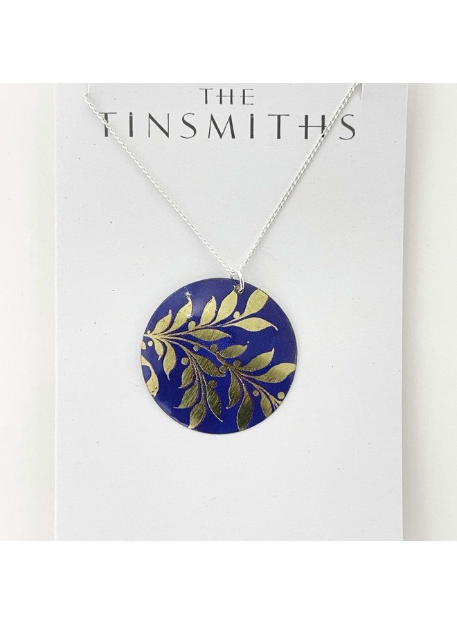 Gilt Blue Disc - Tin and silver Necklace 143