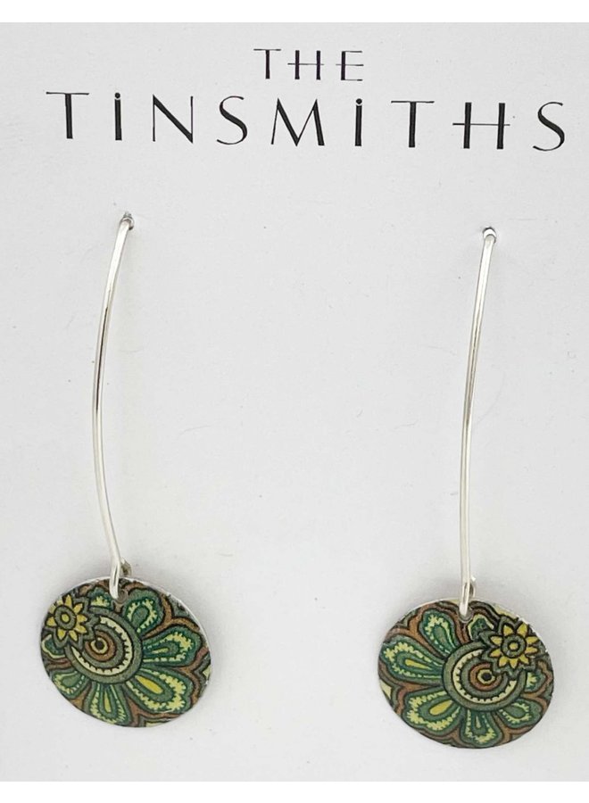 Damask Green Disc- Tin and silver Long Earrings  164