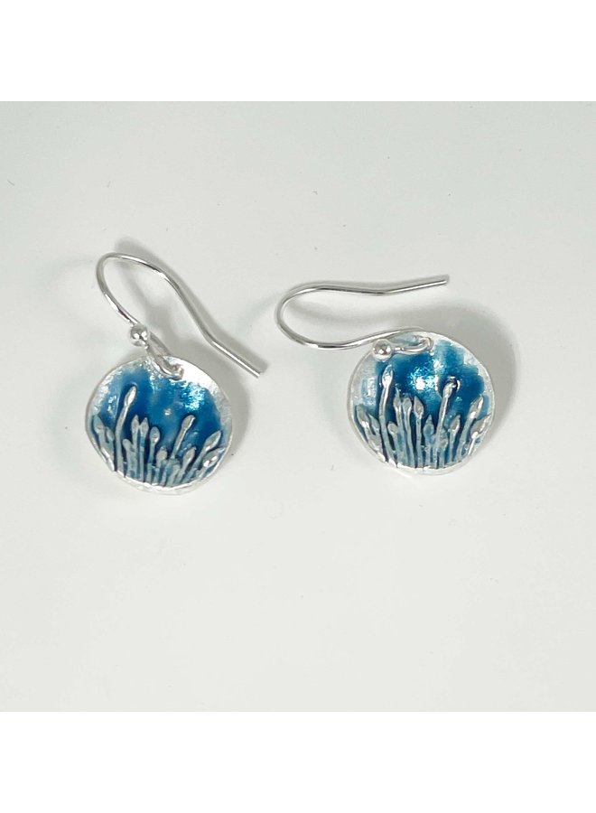 Grasses round dome enamel, silver & pewter drop earring 46