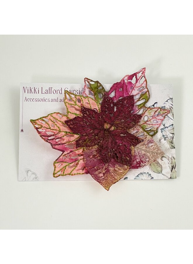 Leaf cluster burgundy and coral Embroidered pin Brooch on card 123