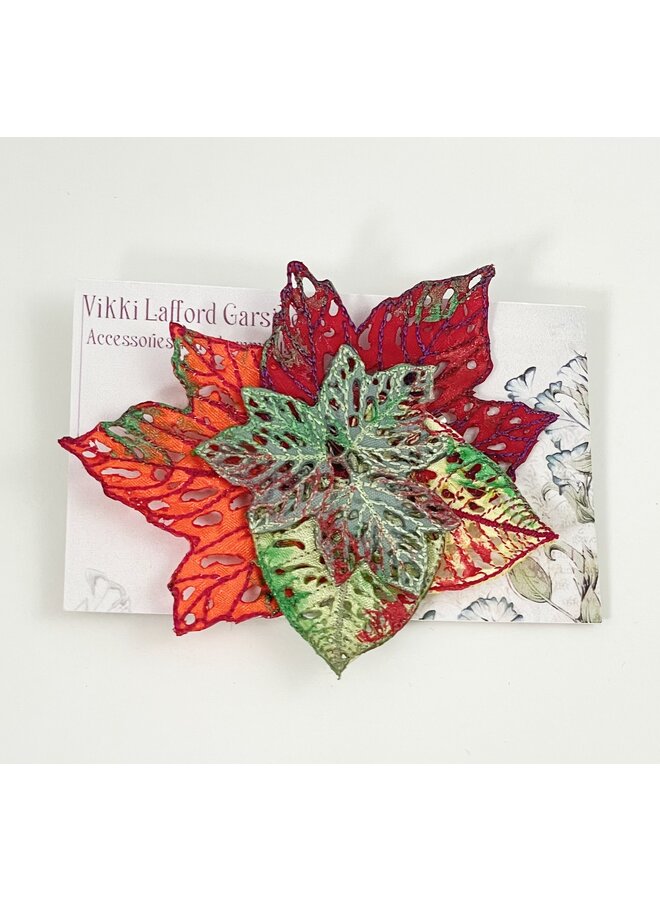 Гроздь листьев зелено-красная Вышитая булавка Брошь на открытке 121