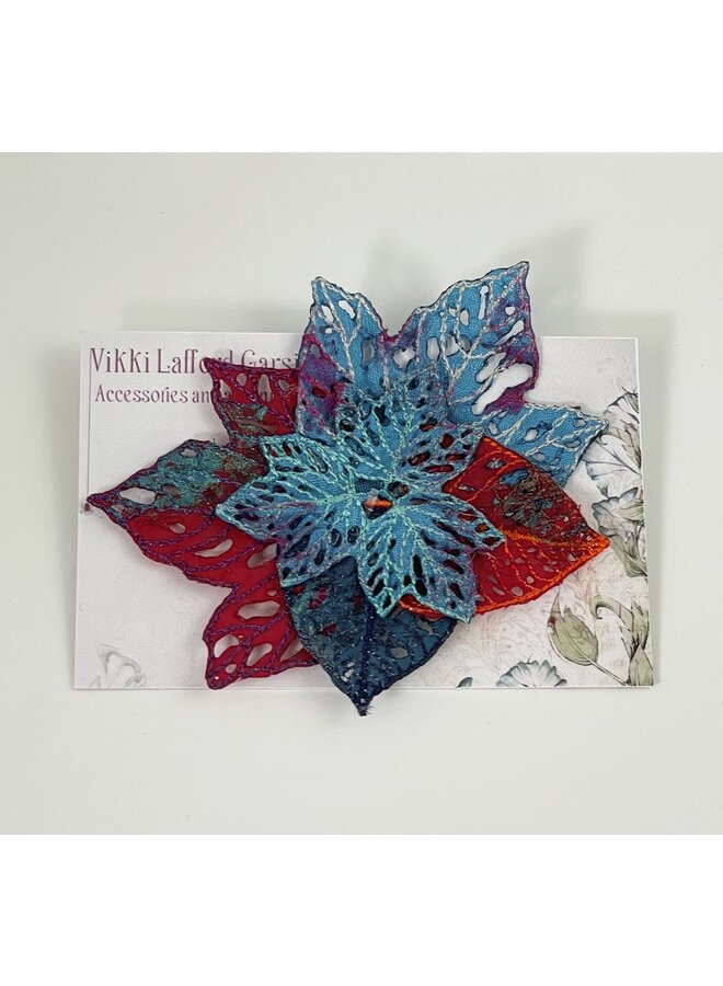 Leaf cluster red and turquoise Embroidered pin Brooch on card 118