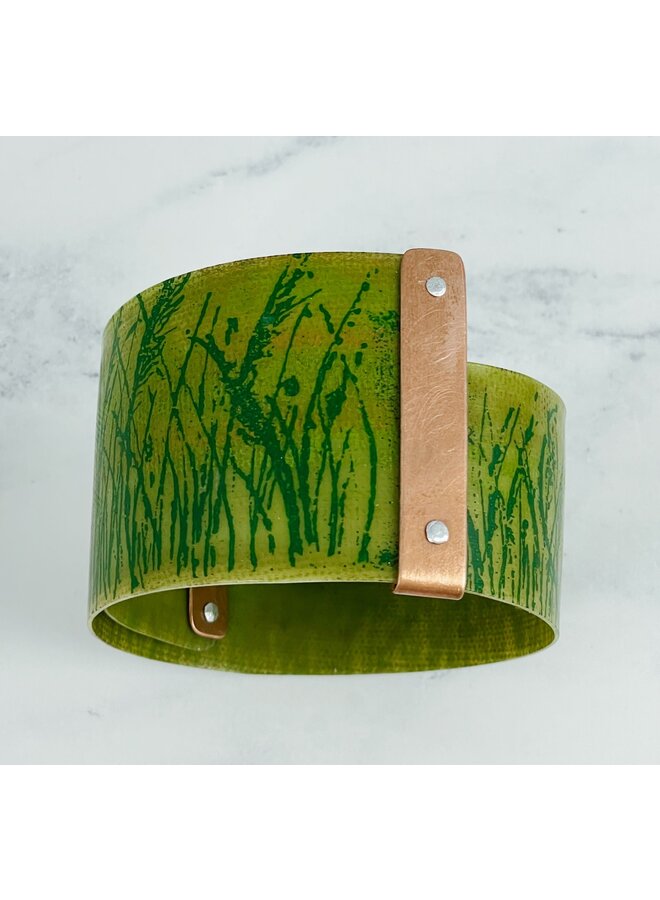 Olive Green Grasses Copper  and Plastic Cuff 108