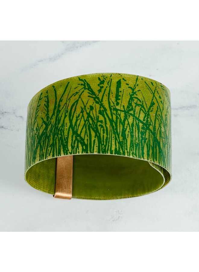 Olive Green Grasses Copper  and Plastic Cuff 108