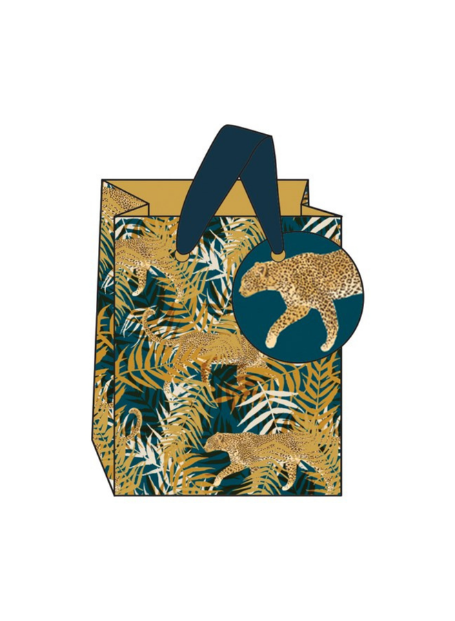 Petit sac cadeau léopard et palmiers avec rubans et étiquette cadeau