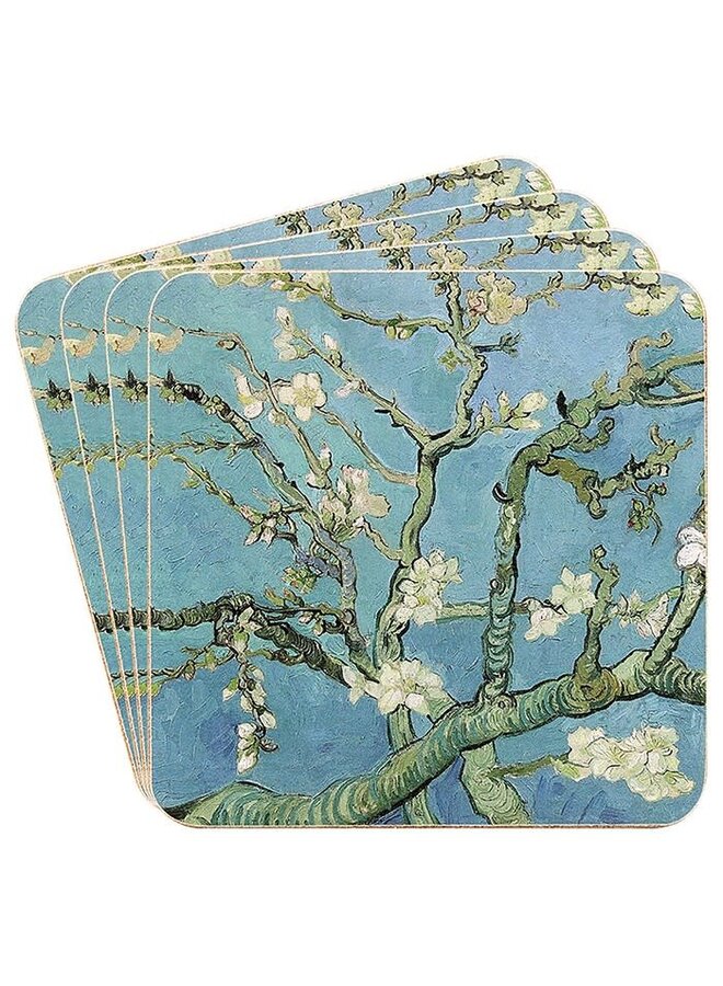 Posavasos cuadrados de flor de almendro Van Gogh - Juego de 4 en caja