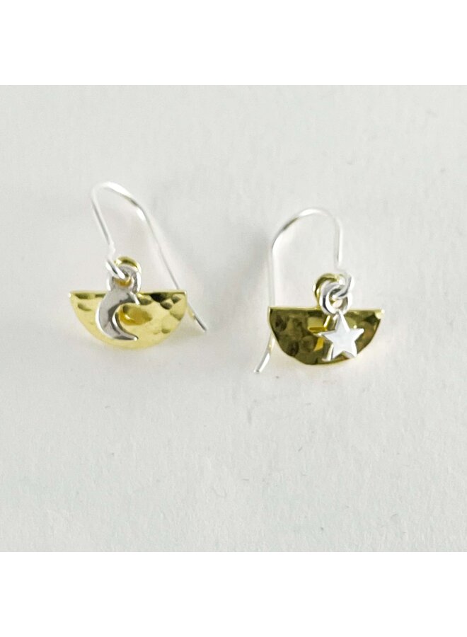 Gold Semi Circle and Mini Moon & Star Charm Hook Earrings 164