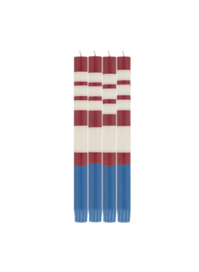 Stripped Colour Dinner Candles Red, Pearl, Blue  x 4 candles 23