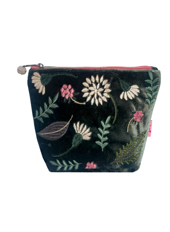 Folk Garden  Cosmetic Purse Velvet Embroidered  Sage 921