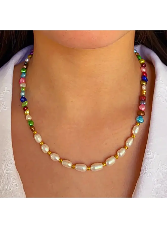 Collar Multicolor con 3 Perlas de Agua Dulce x1 ONLY151