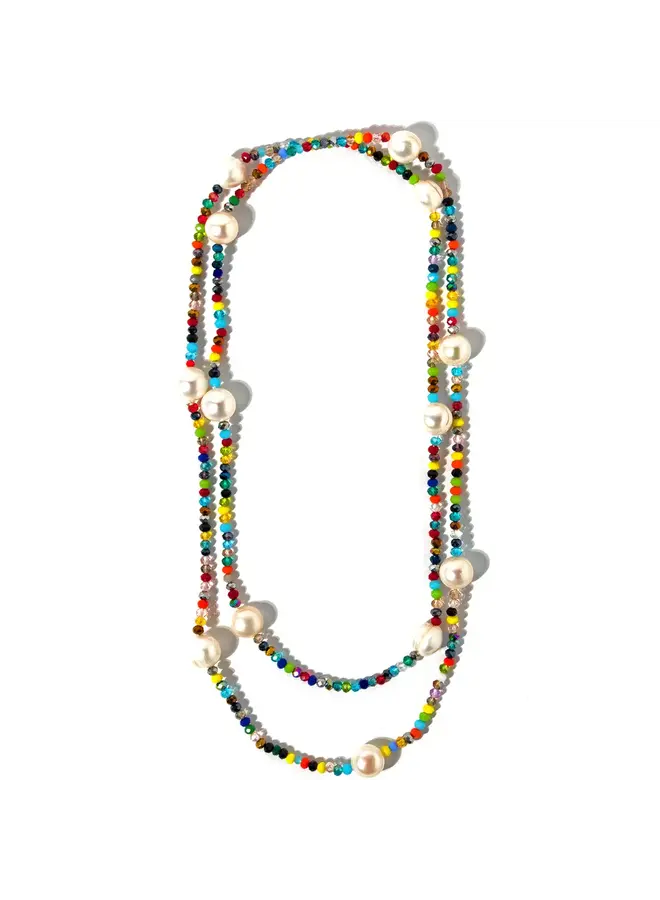 White Freshwater & Rainbow Beads Long Necklace  172