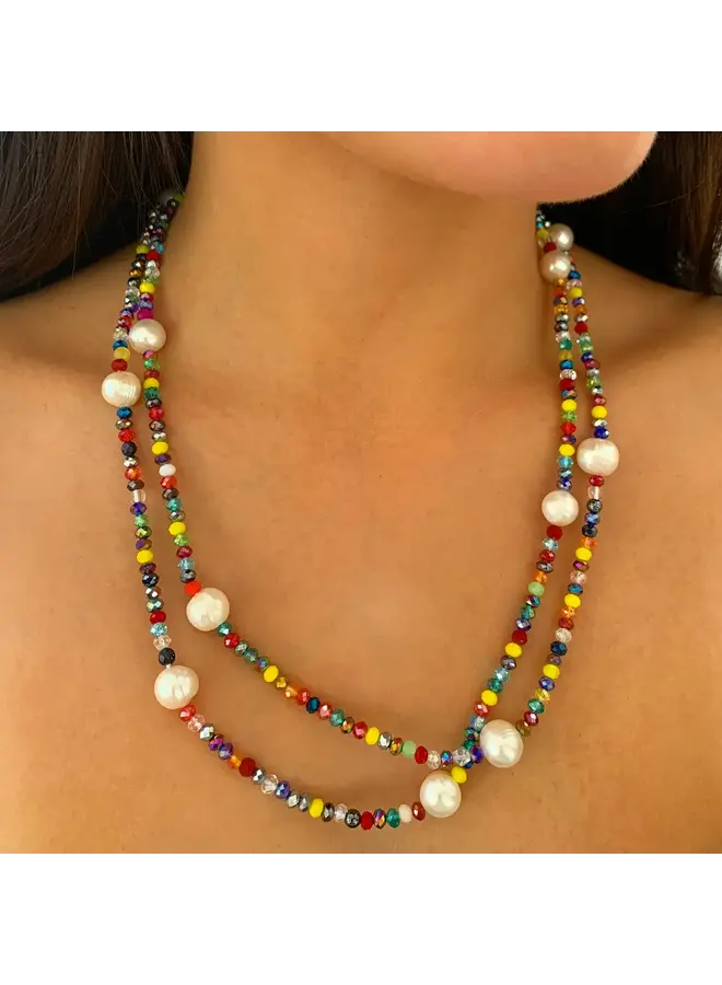 White Freshwater & Rainbow Beads Long Necklace  172