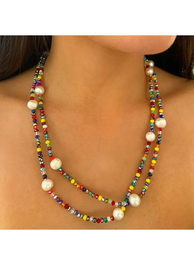 White Freshwater & Rainbow Beads Long Necklace 172