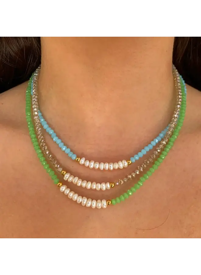 Freshwater Pearl & Cloudy Green  Glass Beads Necklace (One Only) 166