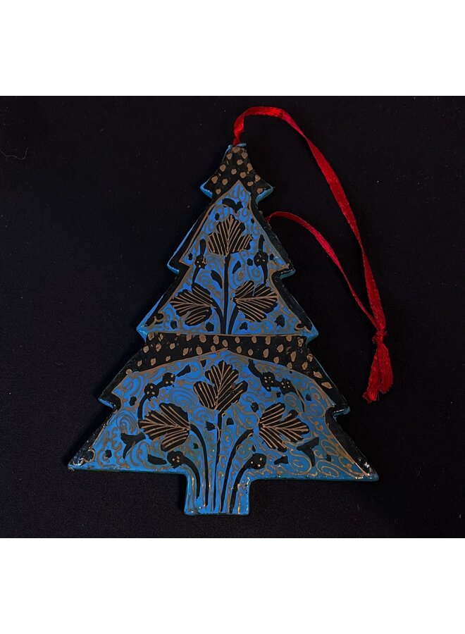 Christmas Tree Pine Wood Hand Painted Turquoise and Gold 226