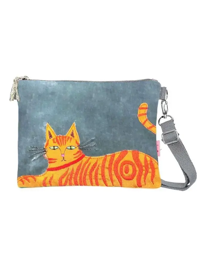 Ginger Cat Pale Blue Cross Body  Apliqued Vevet Bag19