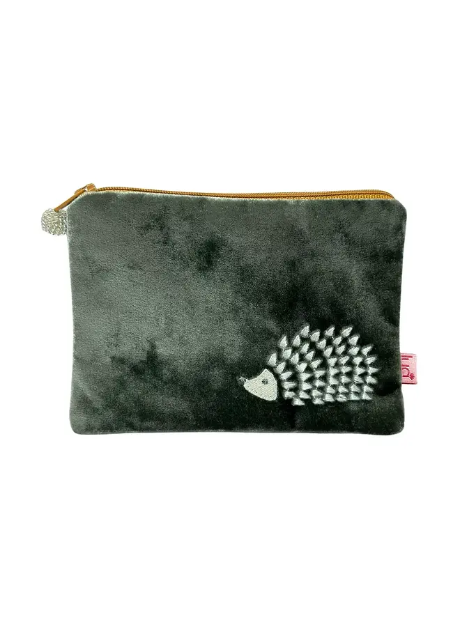 Hedgehog Embroidered Purse Dark Sage / Ochre 017