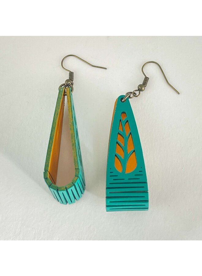 Birchwood Long Loop Teal and Mustard Earrings 38