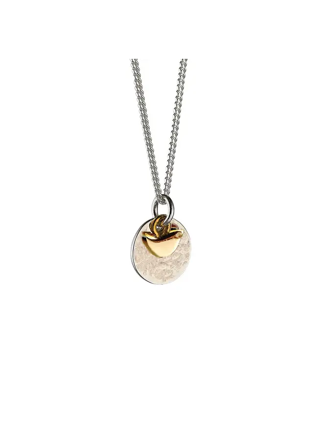 Silver Hammered Mini Disk with Gold Bird Necklace 174