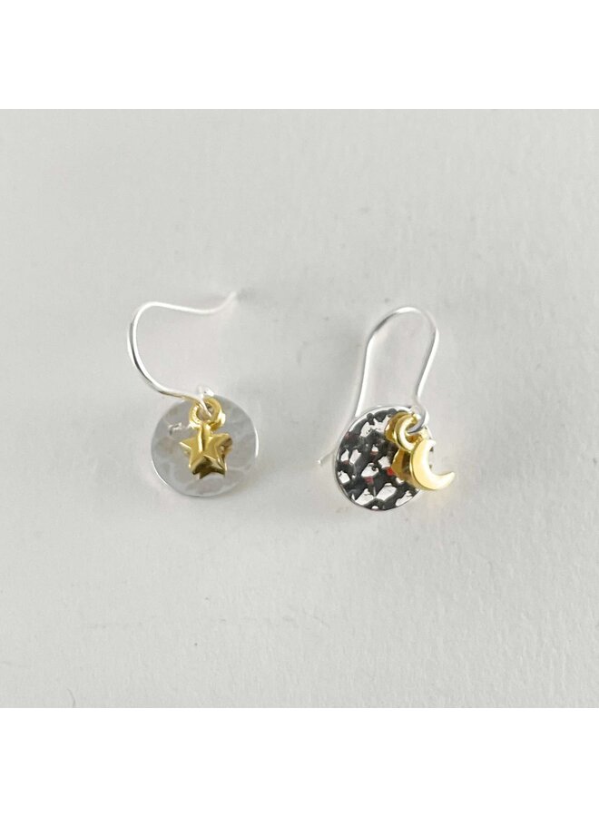 Gold Moon & Star & Silver Mini Hammered Disc Hook Earrings 166