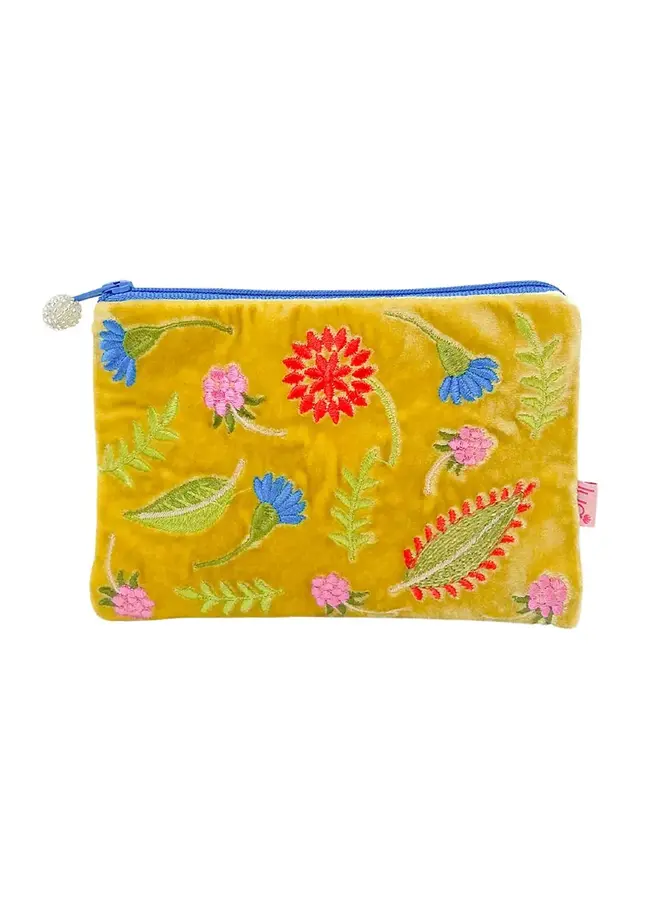 Folk Flowers Velvet & Embroidered Purse Yellow 1018