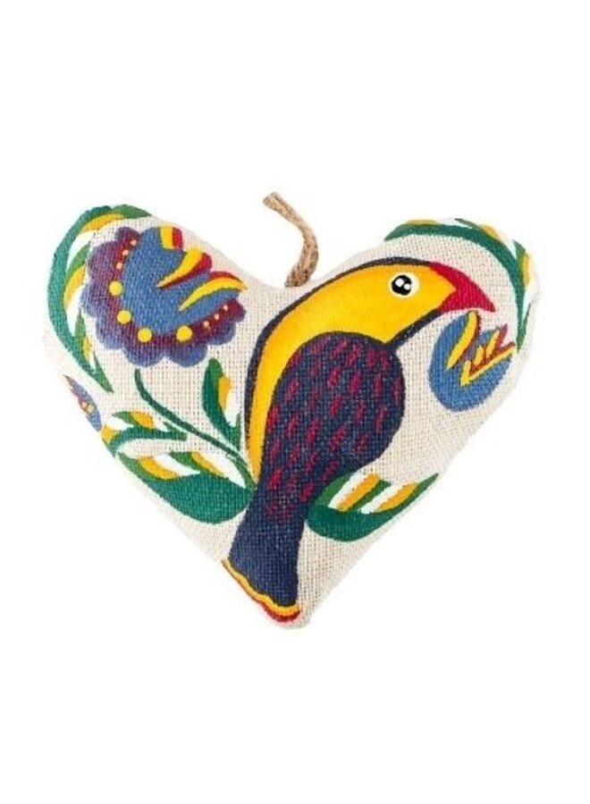Heart with Yellow Bird  Vanilla Textile Ornament 34
