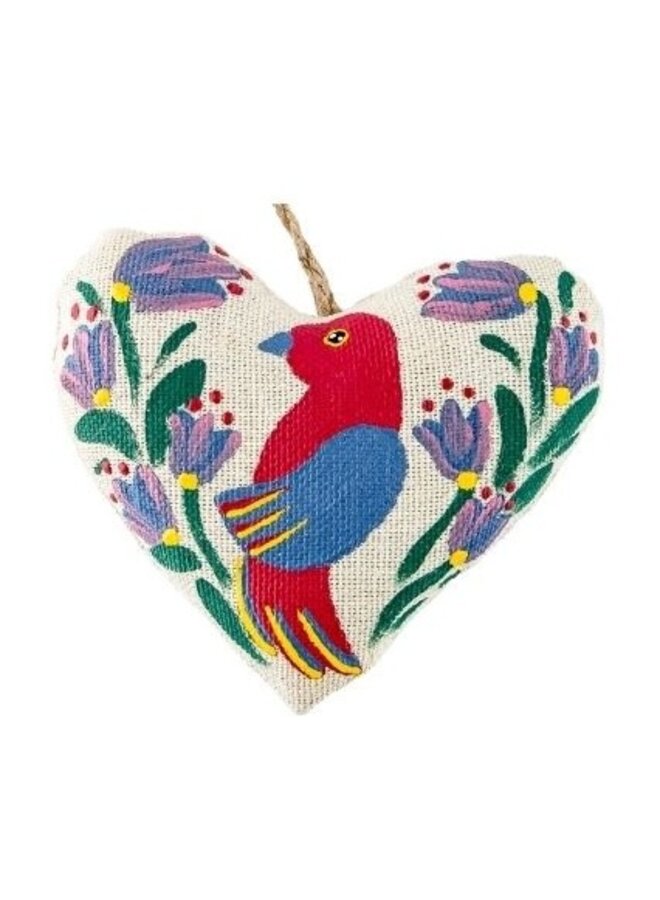 Ornement textile coeur avec oiseau rose vanille 35