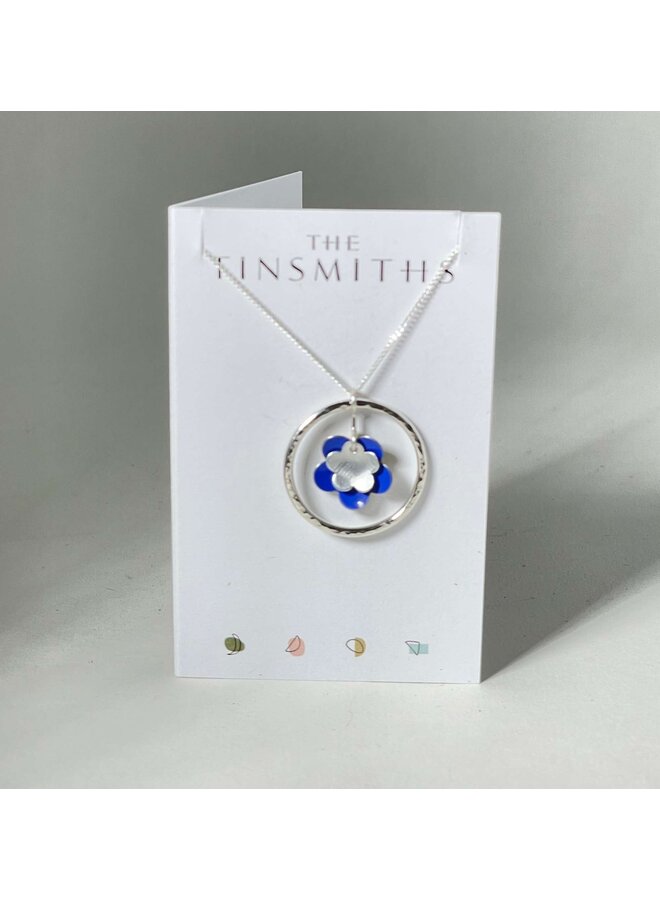 Silver Circle of Life med Disc Blue Daisy Necklace 186