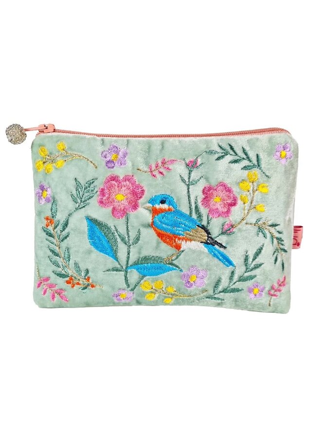 Oiseau et Fleur - Sac à Main Zippé Brodé en Velours 1068