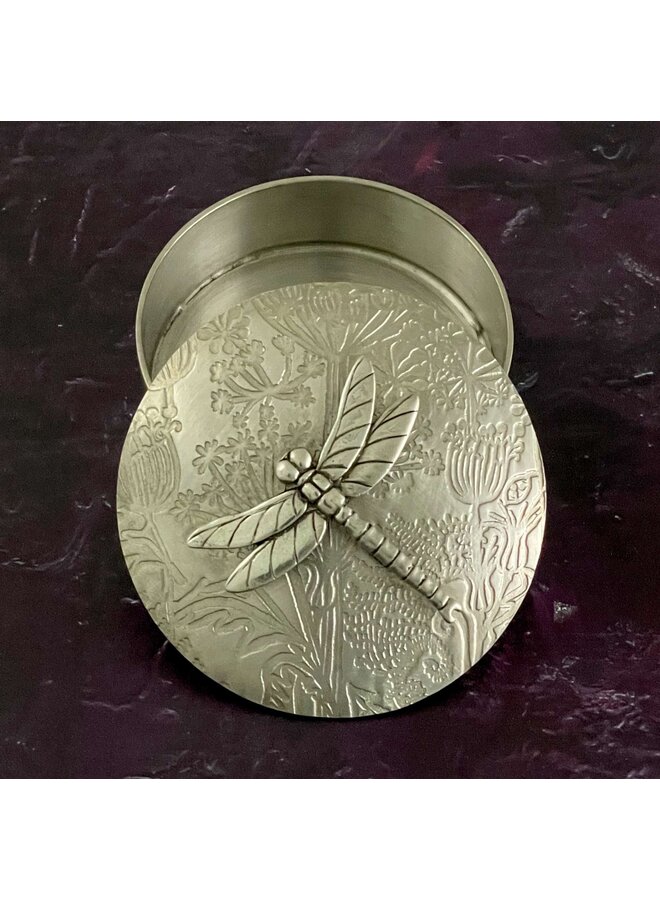 Boîte à bijoux avec couvercle en étain libellule et graines 02