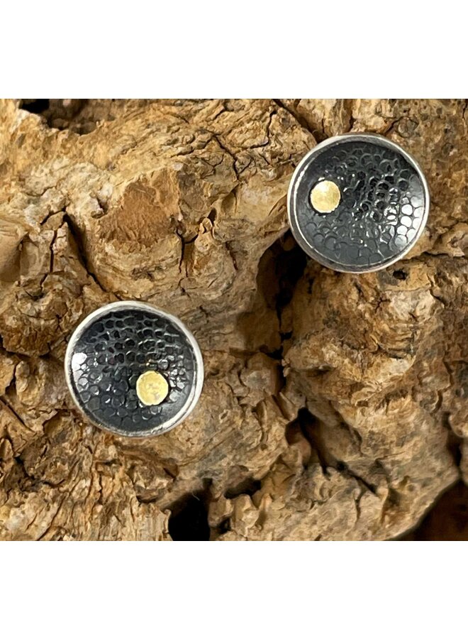 Round concave textured oxidised silver and 18ct gold stud earrings 48
