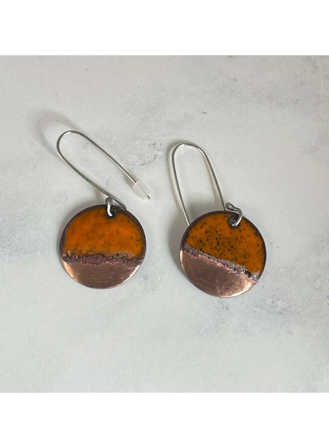 Copper tip  and Orange  Enamel circle earrings 44