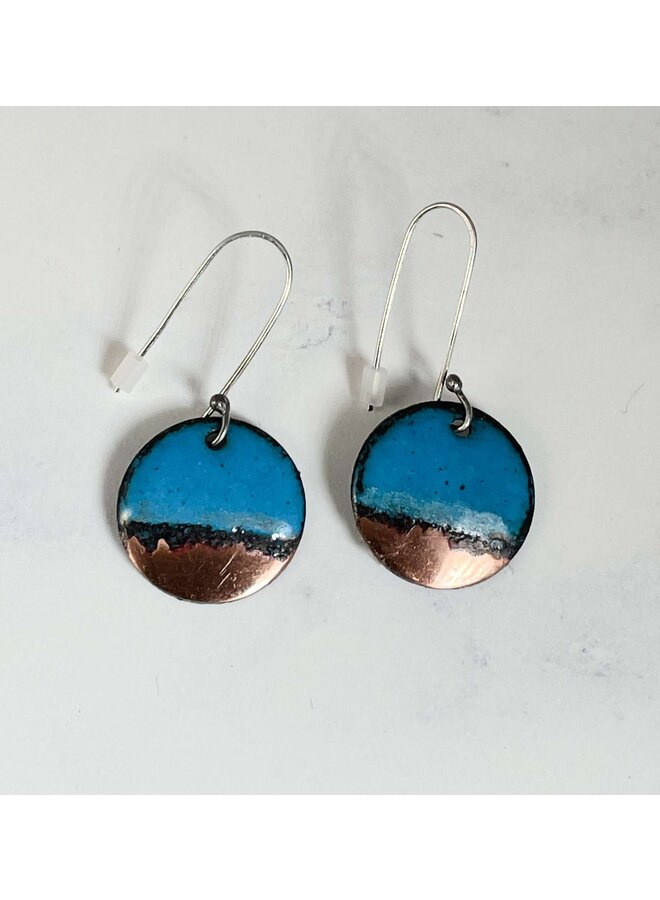 Copper tip  and Teal Enamel circle earrings 42