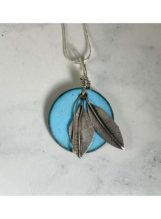 Round enamel & silver leaf pendant  sky blue 04