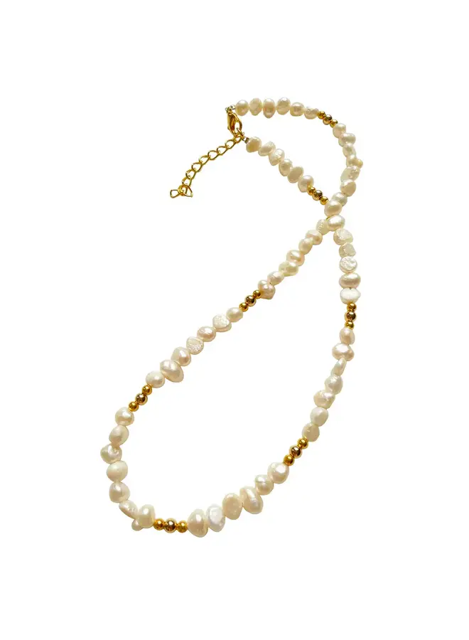 Freshwater white pearl and gold bead necklace