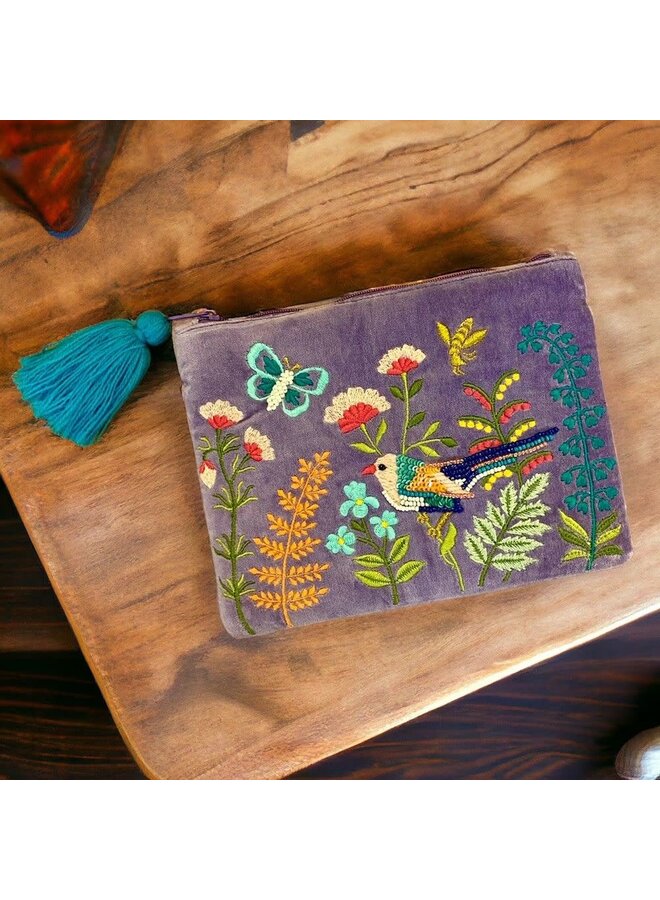 Bird and Flowers Velvet Embroidered Pouch 014